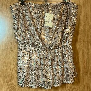 Boston Proper NWT Gold Sequined Holiday Strapless Peplum Tube Top Size Medium